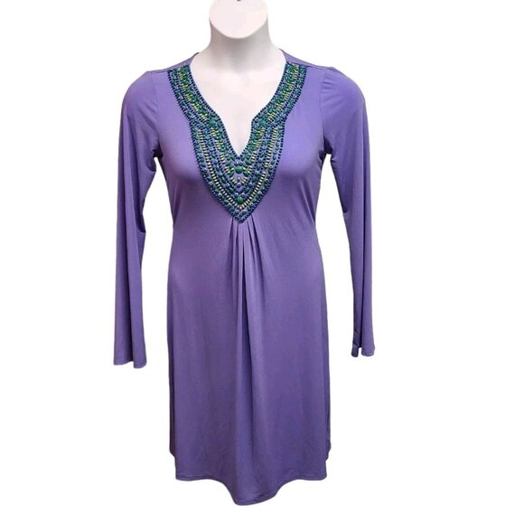 Hale Bob Shift Dress Womens Small Purple Jersey Knit Beaded V Neck Casua… - Picture 1 of 7